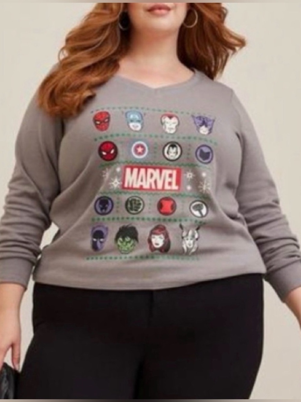 Torrid Marvel Avengers Fair Isle Sweatshirt V-Neck Fleece Gray Red Plus Sz 1 1X